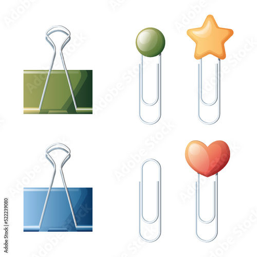 Set of paper clips and clips on a white background. Stationery, office tools.