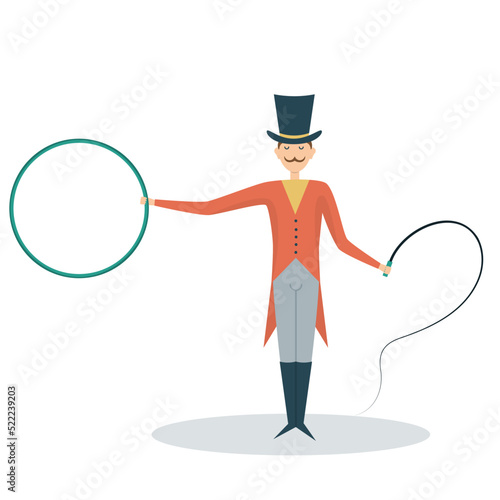 circus performer tamer in red suit with ring and whip 