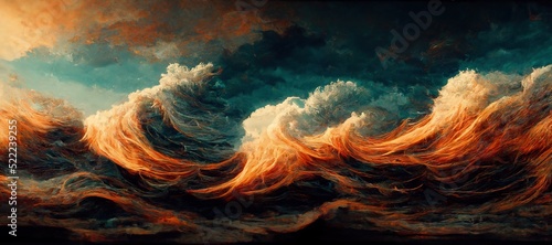 Fotografia, Obraz Dramatic stormy seascape, turbulent surreal ocean waves with fiery orange sunset glow - hurricane gale surf