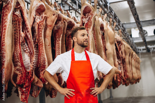Young butcher at the meat factory standing by the hanging meat