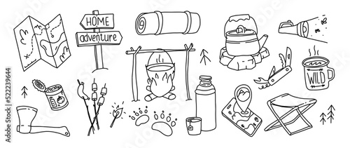 Hand drawn hiking illustration. Camping outdoor doodle set. Wild adventure equipment. Navigation and camp cartoon simple vector collection.