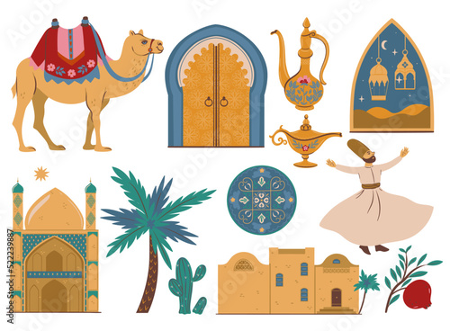 Set of Arabic items isolated on white background. Vector graphics.