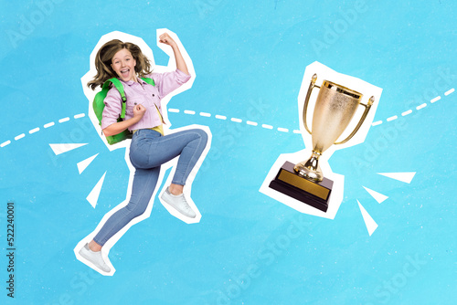 Collage 3d image of pinup pop retro sketch of funky lucky little child celebrating winning trophy isolated painting background