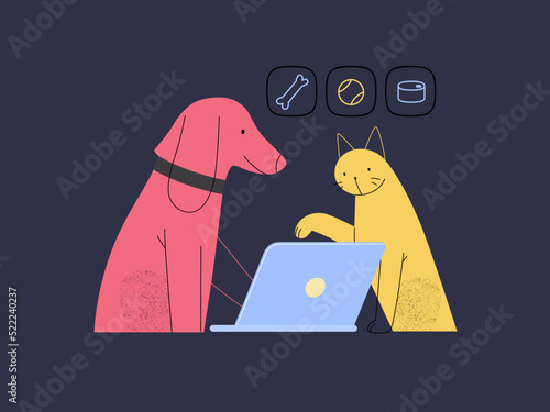 Easy shopping - Online shopping and electronic commerce series - modern flat vector concept illustration of pets doing an order online on laptop. Promotion, discounts, sale and online orders concept
