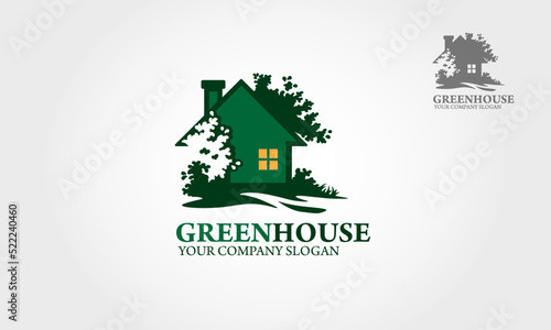 Green House Vector Logo. This logo symbolizes a neighborhood, protection, peace, growth, and care or concern to development, or some things that close with nature, ecological and environment.