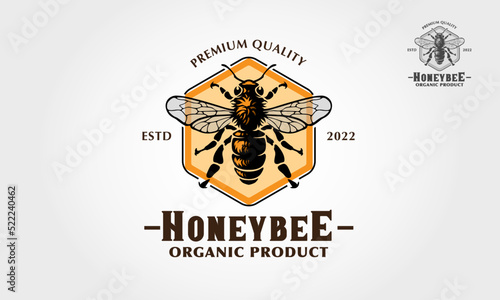 Honey Bee Logo Illustration. Illustration design for honey insect, logo for organic product. Apiary element, pest insignia or tattoo. Biology and entomology theme.