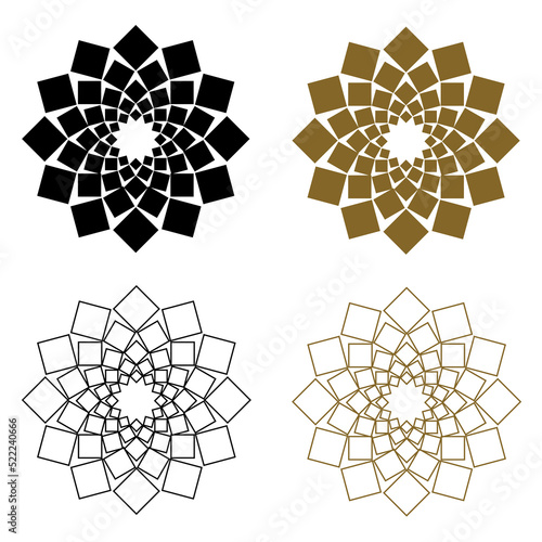 Geometric flower motif design made from different sized square shapes. Solid fill in black and gold and outline no fill versions in the same colors. PNG transparent background.