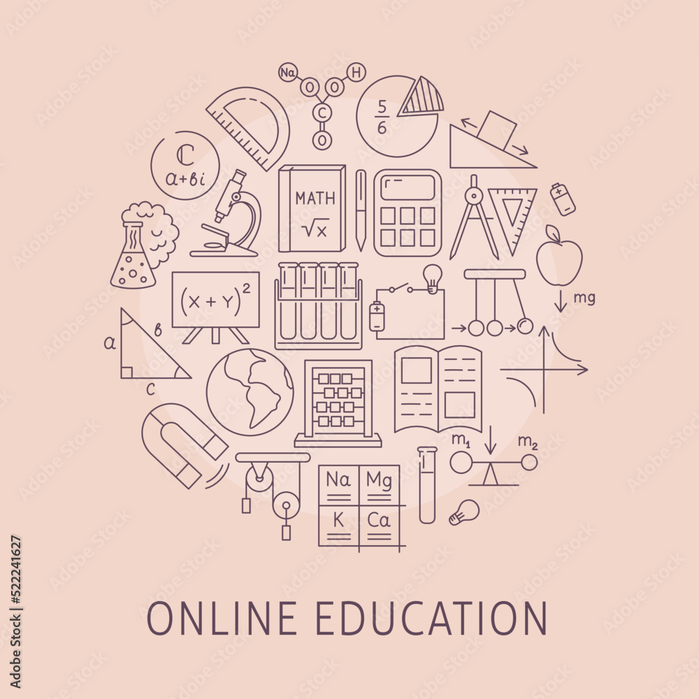 Online education round poster in line style Online education round poster in line style