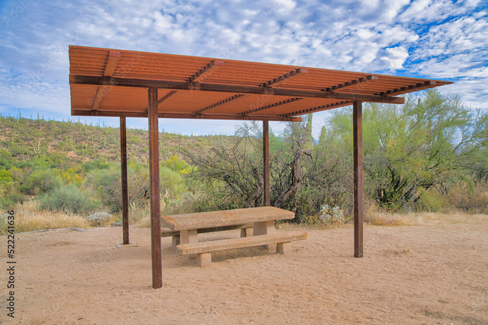 Campground with picnic table under a roof at Sabino Canyon State Park in Tucson, Arizona