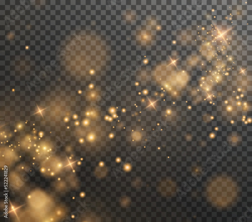 Christmas background. Powder dust. Magic shining gold png dust. Fine  shiny dust bokeh particles fall off slightly. Fantastic shimmer effect.  