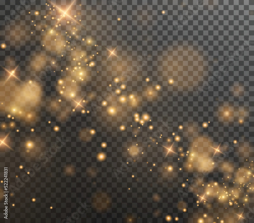 Christmas background. Powder dust. Magic shining gold png dust. Fine, shiny dust bokeh particles fall off slightly. Fantastic shimmer effect. 