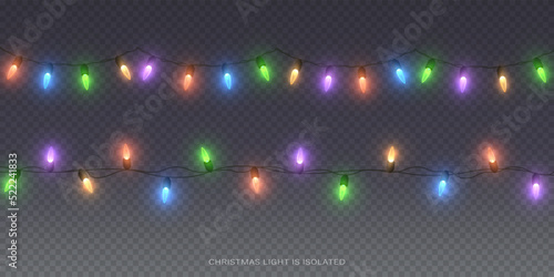 Festive Christmas light multicolored png garlands . Decor element for postcards, invitations, backgrounds, business cards. Winter new collection 2023.	
