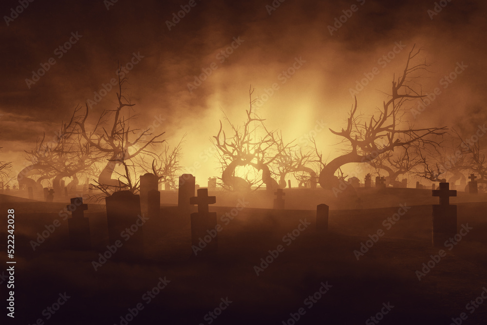sunset in scary cemetery with old trees, halloween landscape