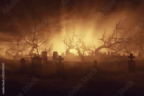 sunset in scary cemetery with old trees  halloween landscape