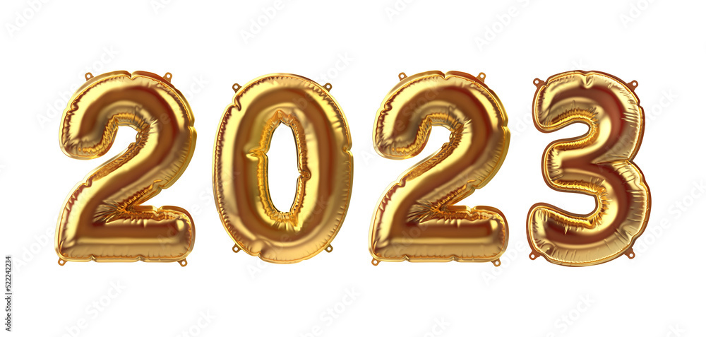 3D Render of Golden inflatable foil balloons. Party 2023 decoration figures. Yellow numbers isolated on white background. New year celebration postcard. Graphic elements for Xmas design. Happy holiday 3D Render of Golden inflatable foil balloons. Party 2023 decoration figures. Yellow numbers isolated on white background. New year celebration postcard. Graphic elements for Xmas design. Happy holiday
