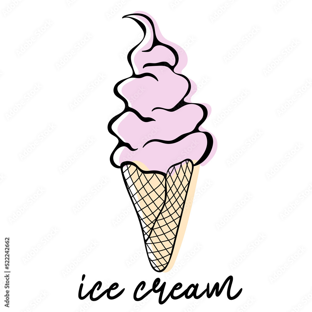 Outline swirled soft serve vanilla ice cream in wafers cone isolated on white background. Sweet dessert. Contour drawn vector illustration Outline swirled soft serve vanilla ice cream in wafers cone isolated on white background. Sweet dessert. Contour drawn vector illustration