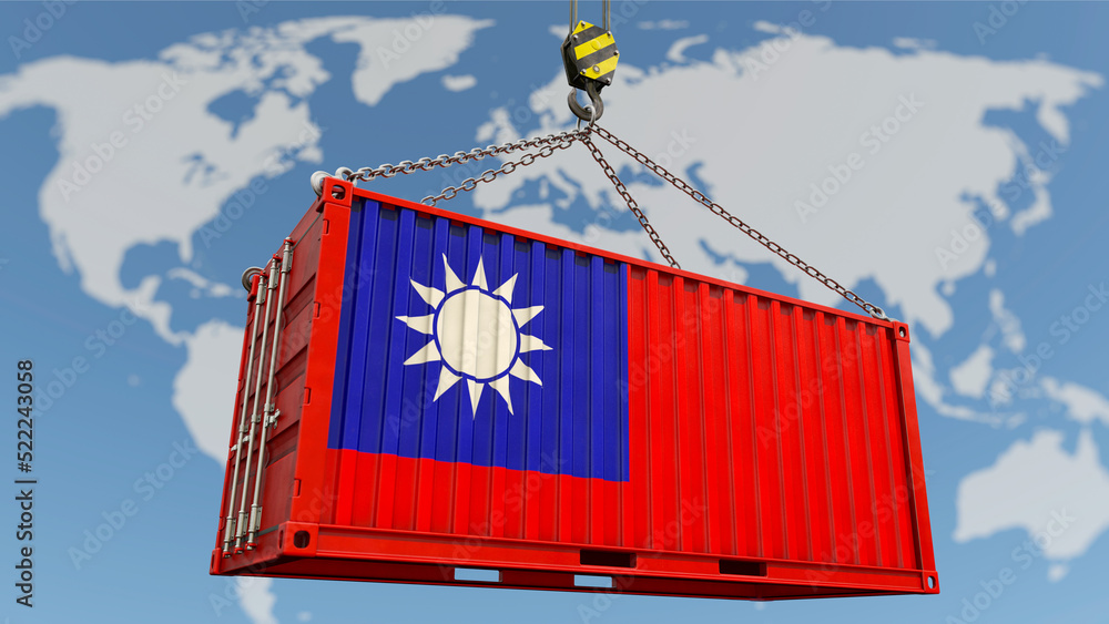 Exportwirtschaft Taiwans - Container mit Taiwan Flagge und Weltkarte im Hintergrund Exportwirtschaft Taiwans - Container mit Taiwan Flagge und Weltkarte im Hintergrund