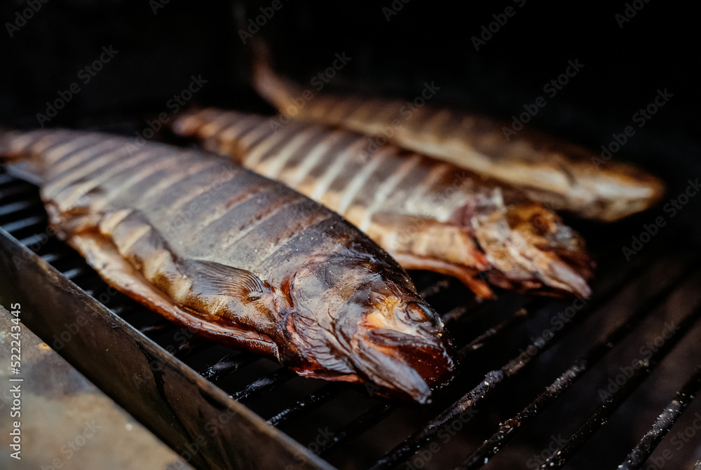 Rainbow trout smoked on grill bbq. Rainbow trout smoked on grill bbq.