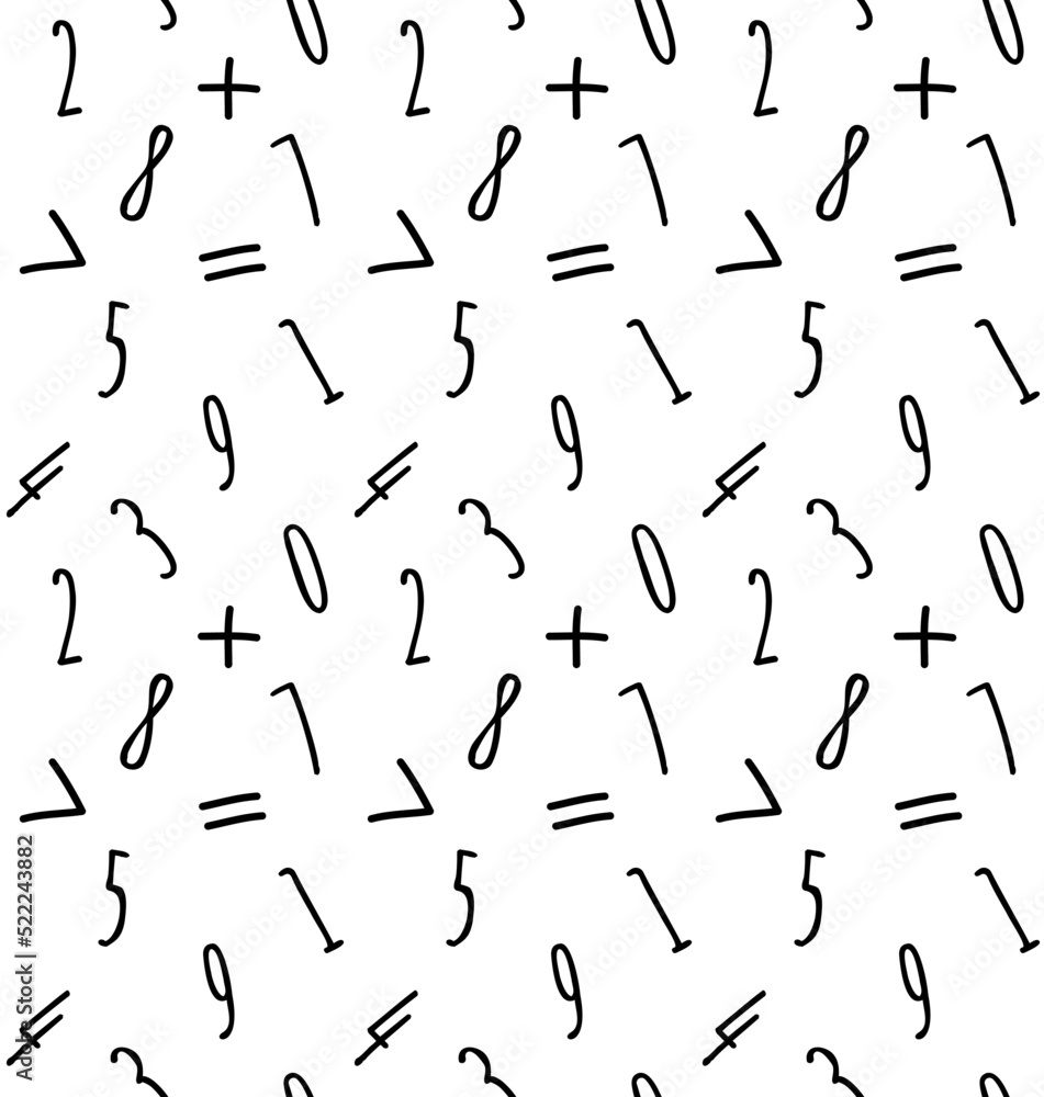 Vector seamless pattern of hand drawn sketch doodle math symbols and numbers isolated on white background