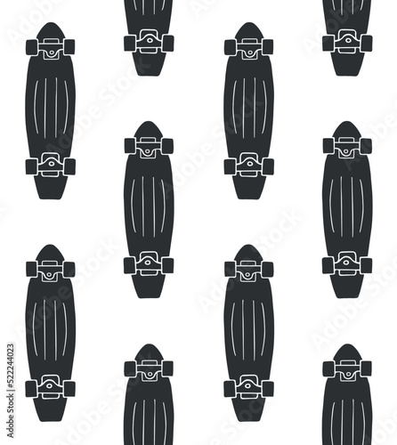 Vector seamless pattern of hand drawn doodle sketch black cruiser skateboard isolated on white background