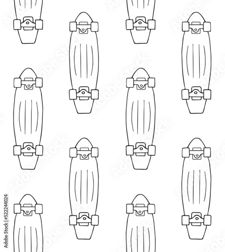 Vector seamless pattern of hand drawn doodle sketch cruiser skateboard isolated on white background