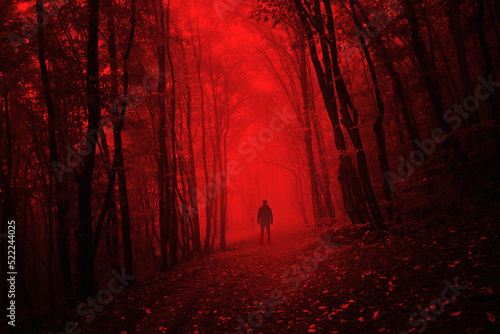man in dark scary forest on halloween night