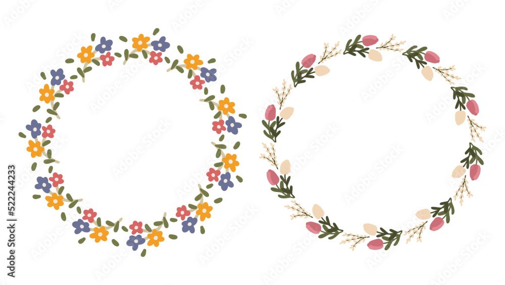 rural floral wreaths made of wild flowers isolated on a white background 