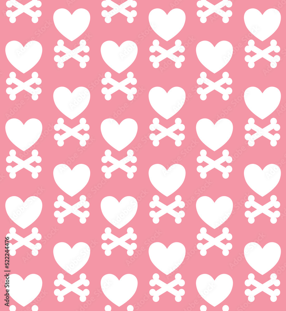 Vector seamless pattern of flat heart and crossed bones isolated on pink background