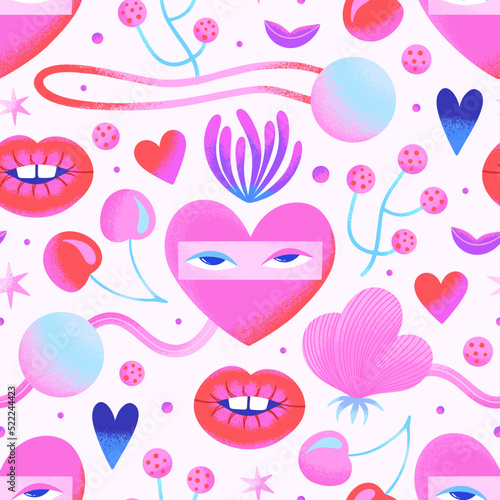 Colorful psychedelic seamless pattern with hearts, pink flowers, eyes, lips, cherries on a white background. Sweet summer mood. Contemporary surface design. Wrapping paper, wallpaper, textiles