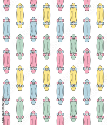 Vector seamless pattern of different color hand drawn doodle sketch cruiser skateboard isolated on white background