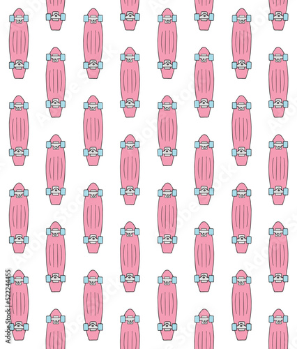 Vector seamless pattern of pink hand drawn doodle sketch cruiser skateboard isolated on white background