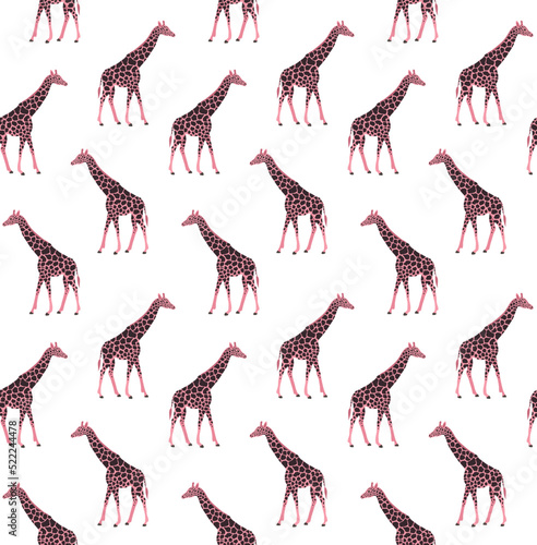 Canvas Print Vector seamless pattern of flat hand drawn pink giraffe isolated on white backgr