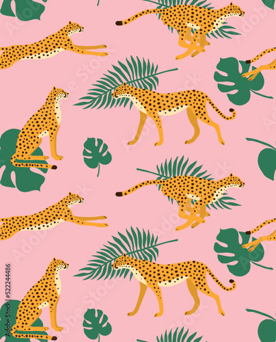 Vector seamless pattern of flat hand drawn cheetah and palm leaves isolated on pink background