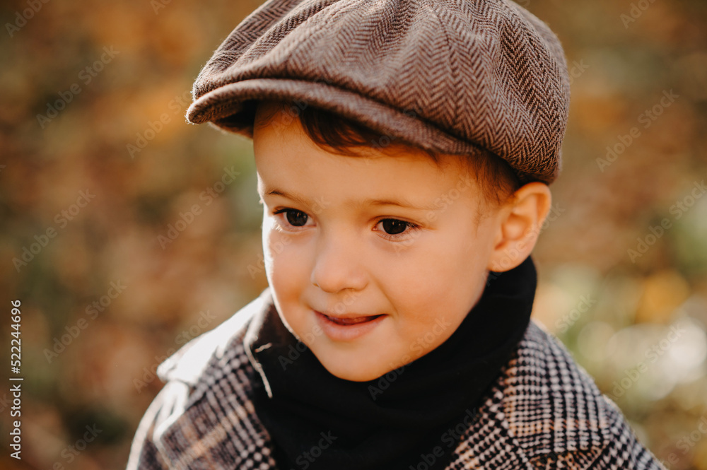 Portrait of a happy child boy walking among golden trees in the autumn in the park. Portrait of a happy child boy walking among golden trees in the autumn in the park.