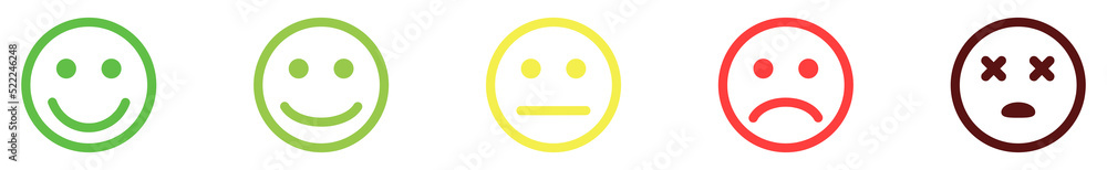 Emoji icon set of satisfaction level. Simple feedback in form of emotions in flat style. Customer feedback. Range to assess the emotions Excellent, good, normal, bad, awful symbols Vector illustration Emoji icon set of satisfaction level. Simple feedback in form of emotions in flat style. Customer feedback. Range to assess the emotions Excellent, good, normal, bad, awful symbols Vector illustration