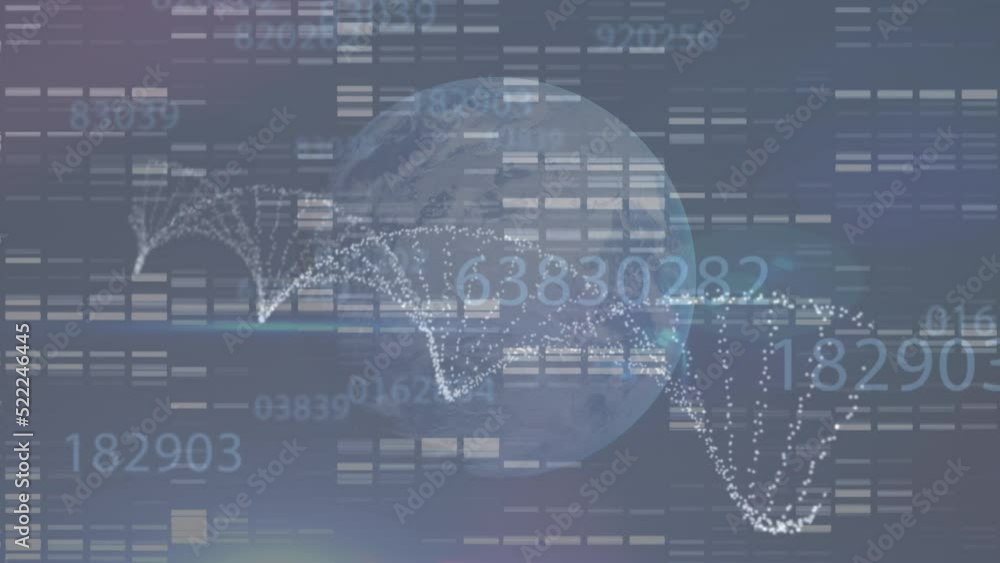 Animation of dna strand over globe and data processing Animation of dna strand over globe and data processing