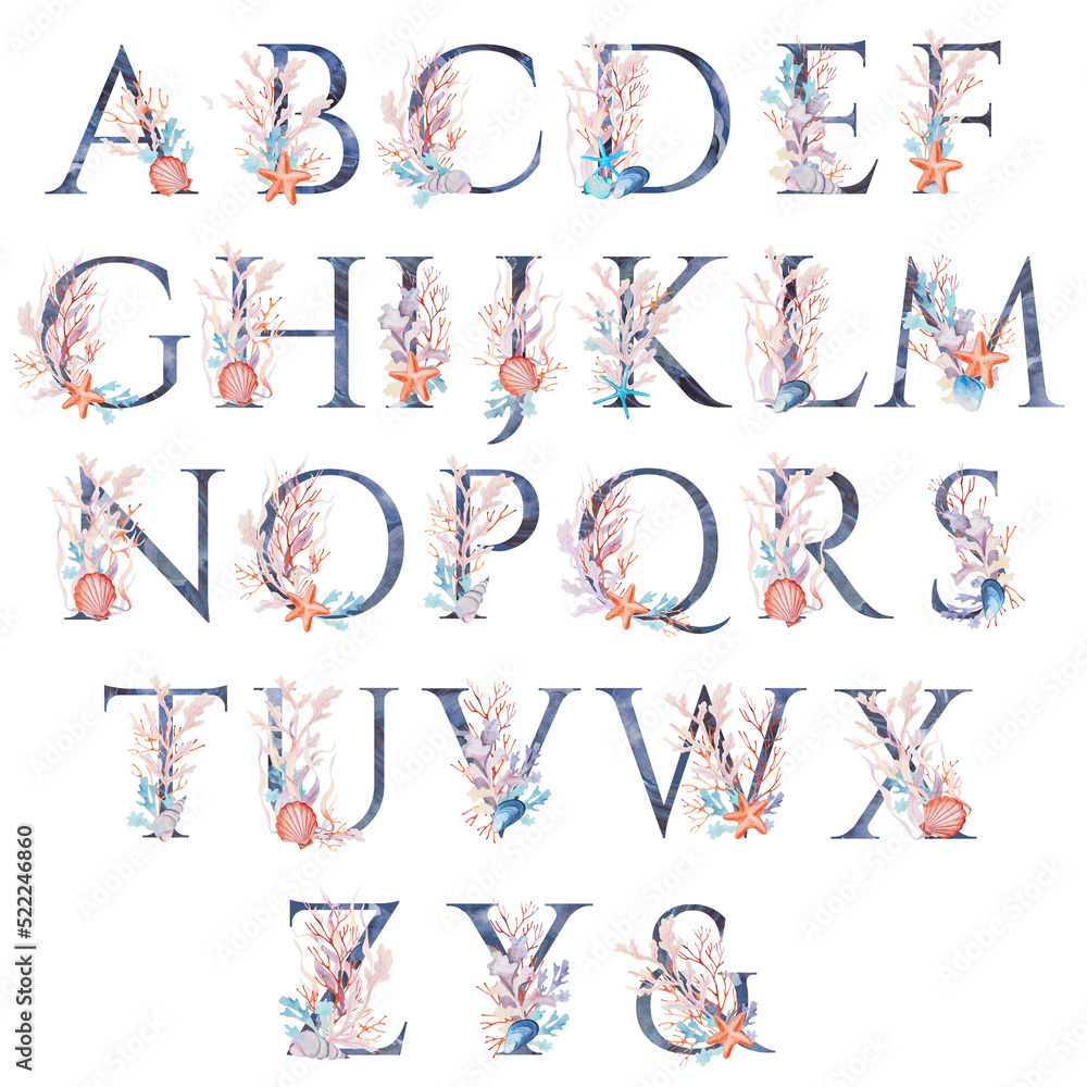 Blue alphabet capital letters decorated with watercolor seaweeds, corals and seashells illustration