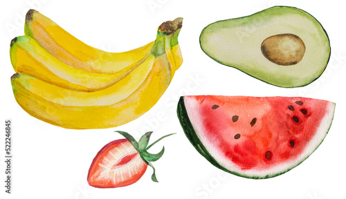 Fototapeta Naklejka Na Ścianę i Meble -  Watercolor bananas, avocado, watermelon and strawberry. Whole and pieces of fruit illustration