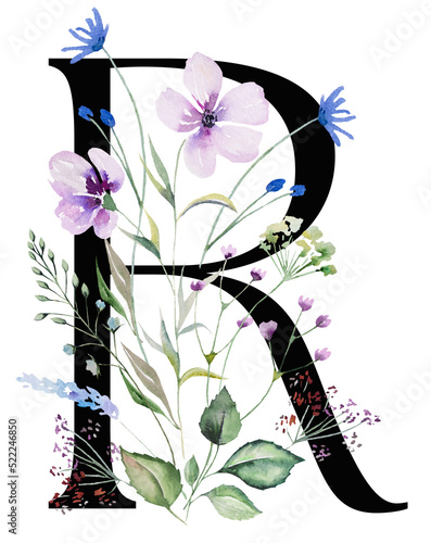 Quadro em tela Black capital letter R with watercolor wildflowers and leaves bouquet isolated