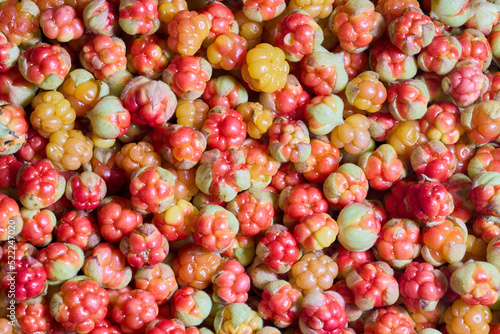 Cloudberries are scattered on table to dry.