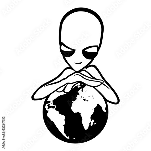 Extraterrestrial alien with planet Earth on white background.