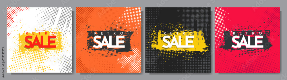 Obraz premium Vector illustration. Grunge halftone dots texture. Ink brush strokes banner. Design elements for social media template. Vibrant color background. Paint splash. Abstract art. Sale discount banner