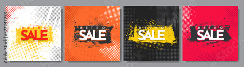 Vector illustration. Grunge halftone dots texture. Ink brush strokes banner. Design elements for social media template. Vibrant color background. Paint splash. Abstract art. Sale discount banner