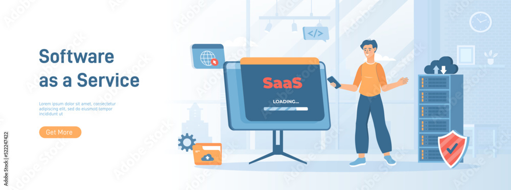 SaaS concept, Software as a service. Cloud computing and storage. Flat concept great for social media promotional material. Website banner on white background. SaaS concept, Software as a service. Cloud computing and storage. Flat concept great for social media promotional material. Website banner on white background.