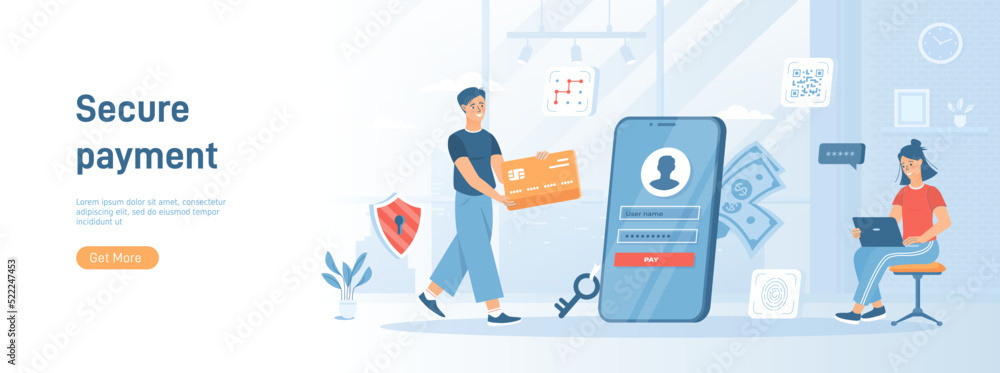 Secure payment system. Safety and confidential data protection. Authentication and verification. Flat concept great for social media promotional material. Website banner on white background.