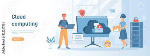Cloud computing, storage concept. Technology file upload, backup on cloud server. Flat concept great for social media promotional material. Website banner on white background.