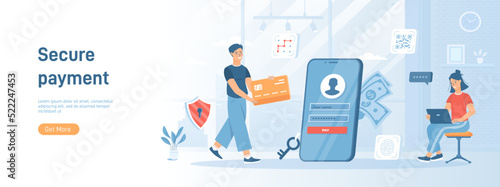 Secure payment system. Safety and confidential data protection. Authentication and verification. Flat concept great for social media promotional material. Website banner on white background.
