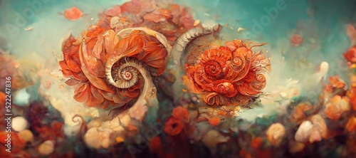 Unusual and strange alien looking ammonite flowers blooming. Surreal floral fantasy forest in gorgeous tangerine and apricot orange colors of the imagination. © SoulMyst