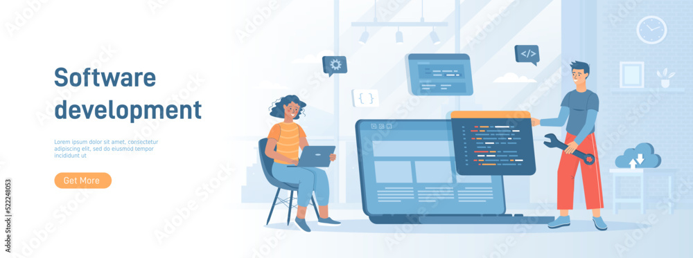 Software development, programming, coding. People write code, settings and testing, developing programs and applications. Flat concept great for social media promotional material. Website banner Software development, programming, coding. People write code, settings and testing, developing programs and applications. Flat concept great for social media promotional material. Website banner