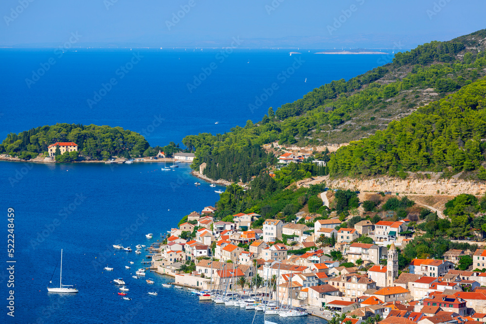 Aerial view on city on the Adriatic Sea, typical Mediterranean architecture, Vis, Vis Island, Croatia
